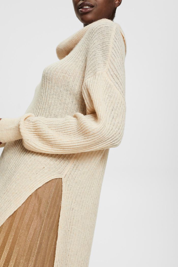 Long pull-over à col cheminée en laine mélangée, CREAM BEIGE, detail image number 3