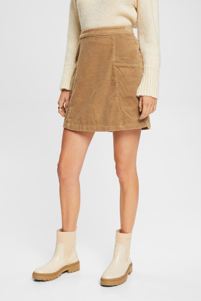 Mini-jupe en velours côtelé, 100 % coton, KHAKI BEIGE, detail image number 1