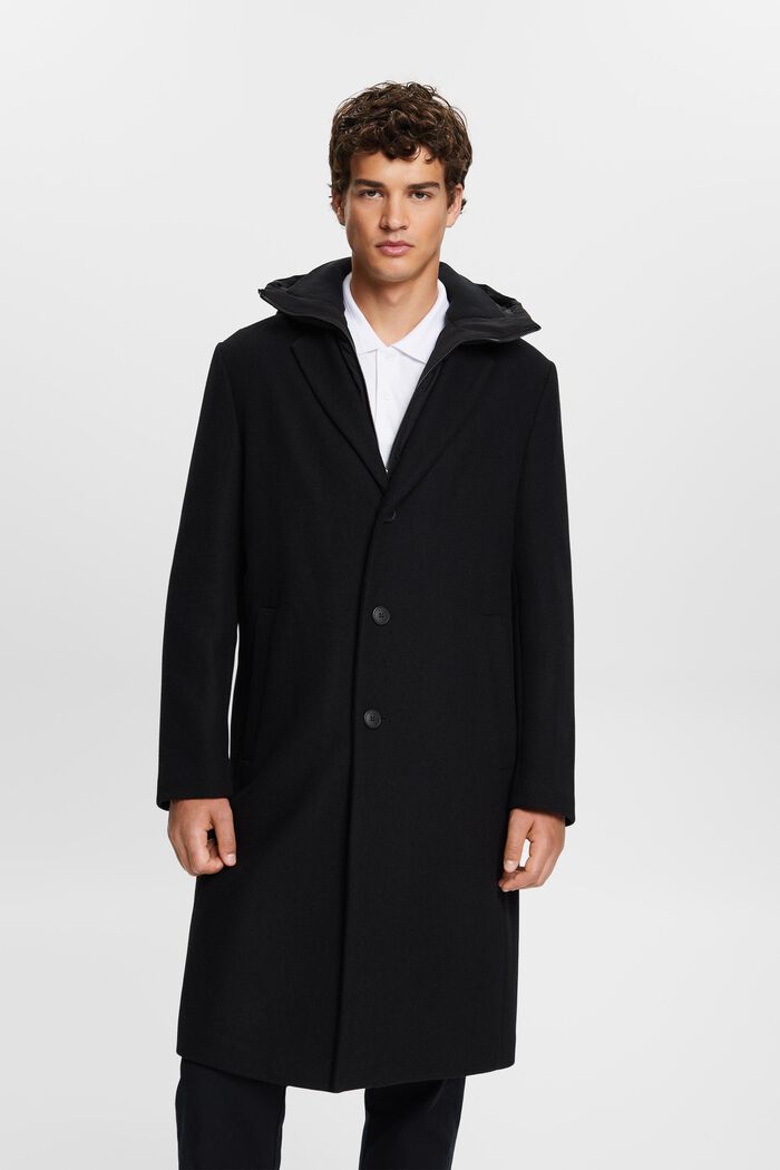 Manteau à capuche amovible en laine mélangée, BLACK, detail image number 0