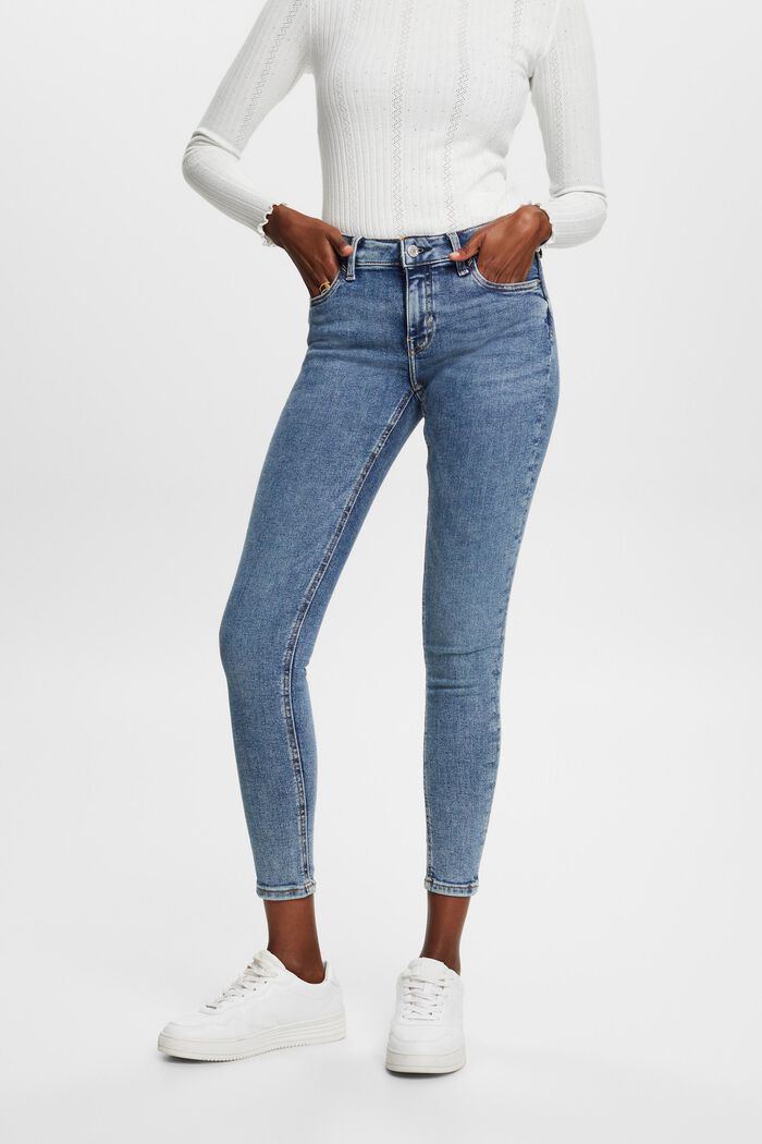 En matière recyclée : le jean stretch de coupe Skinny Fit taille mi-haute, BLUE LIGHT WASHED, detail image number 0