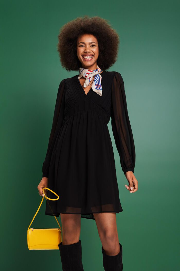 Mini-robe en mousseline à encolure en V, BLACK, detail image number 0
