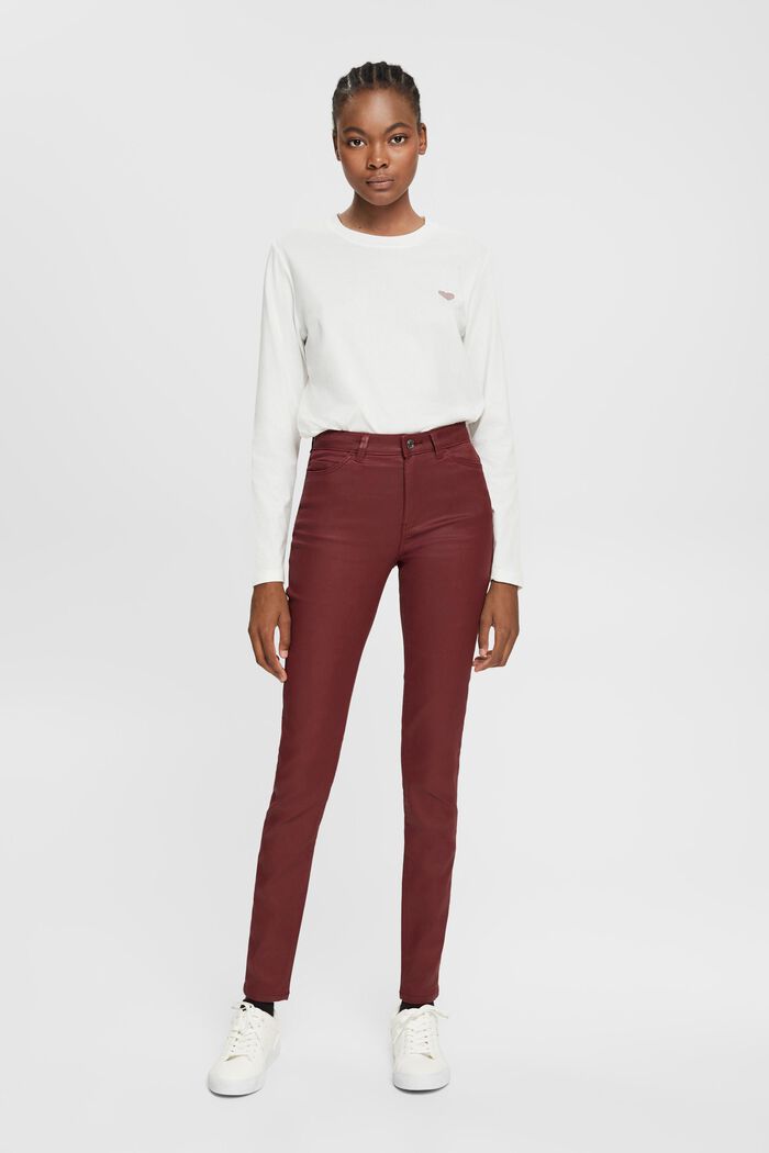 Pantalon taille haute en similicuir coupe Slim Fit, BORDEAUX RED, detail image number 5