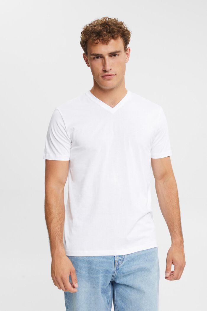 T-shirt à encolure en V en coton durable, WHITE, detail image number 0