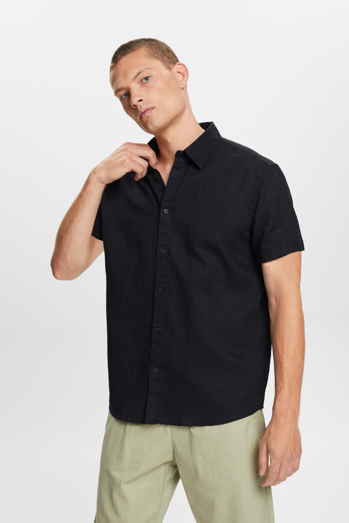 T-shirt à manches courtes en mélange de lin et de coton, BLACK, detail image number 0