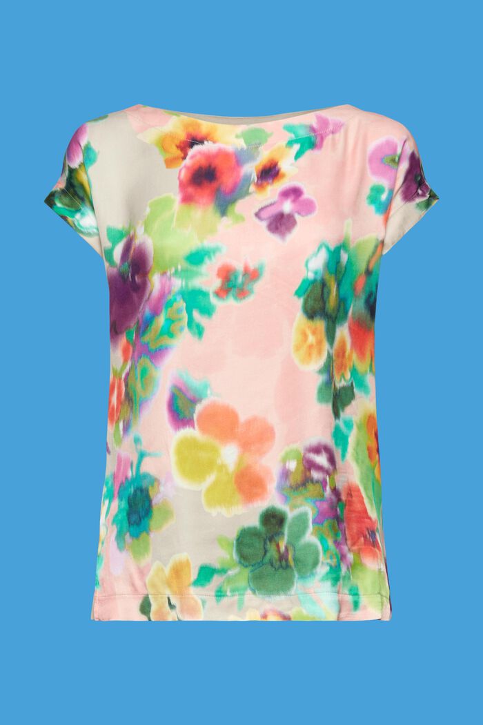 T-shirt à motif floral en jersey et satin, CORAL, detail image number 7