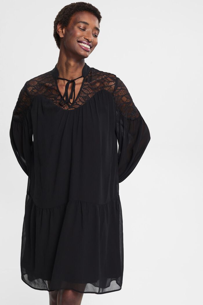Mini-robe en mousseline rehaussée de dentelle, BLACK, detail image number 1