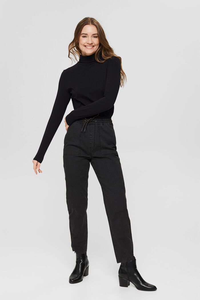 Pantalon stretch à taille élastique, coton biologique, BLACK, overview