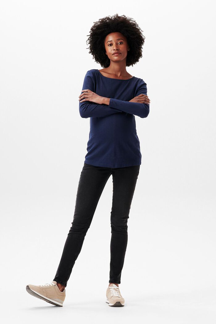 T-shirt à manches longues en coton biologique au design ajouré, DARK BLUE, overview
