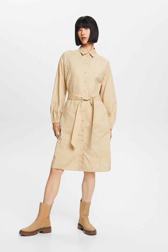 Robe-chemise en popeline de coton à taille nouée, SAND, detail image number 4