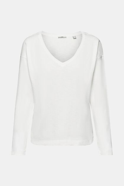 T-shirt à manches longues et encolure en V, OFF WHITE, overview