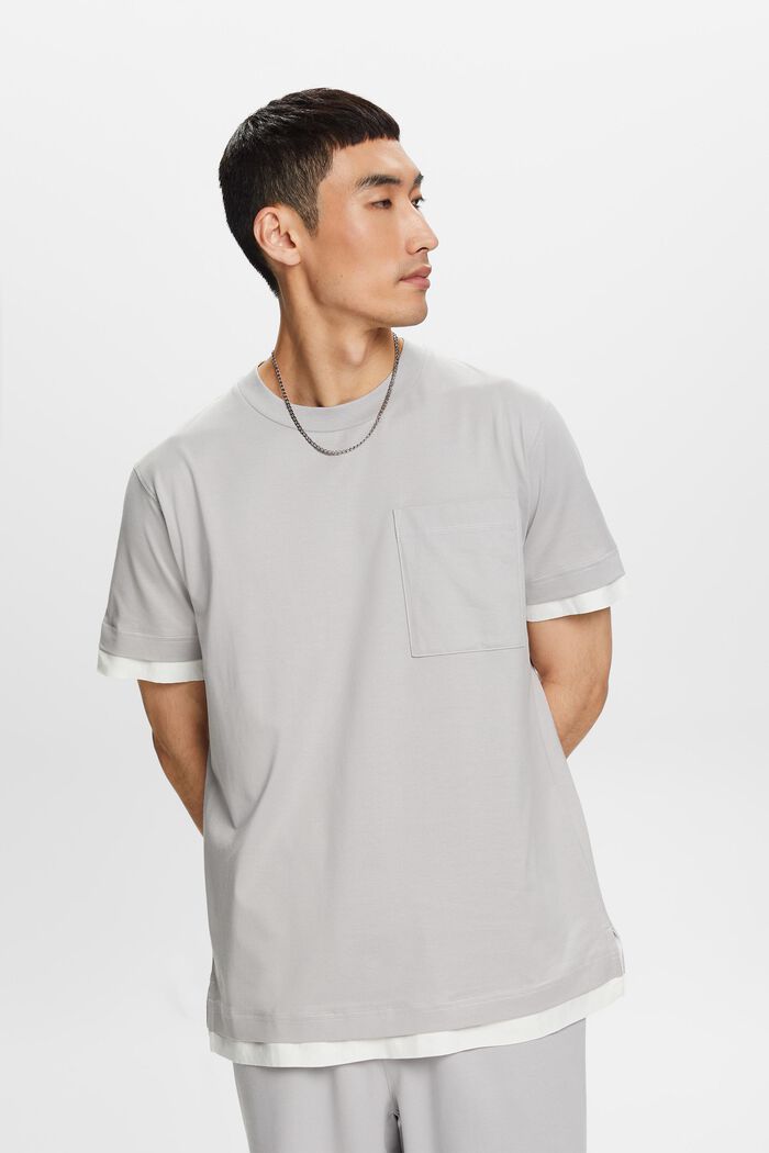 T-shirt à encolure ronde et effet superposé, 100 % coton, LIGHT GREY, detail image number 1