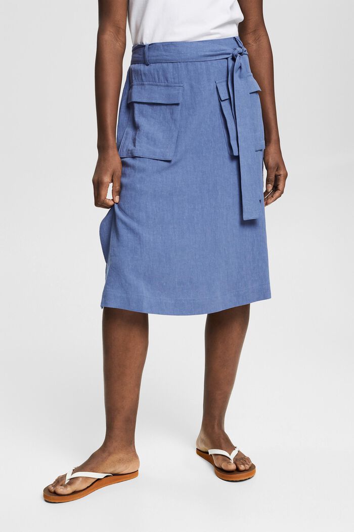 En lin mélangé : la jupe à ceinture à nouer, BLUE LAVENDER, detail image number 0