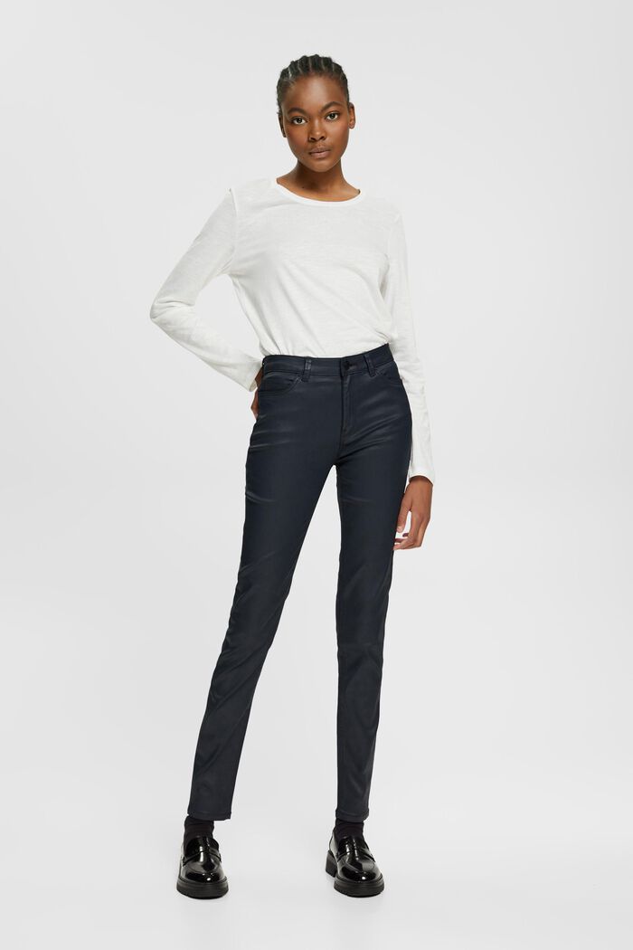 Pantalon taille haute en similicuir coupe Slim Fit, BLACK, detail image number 5