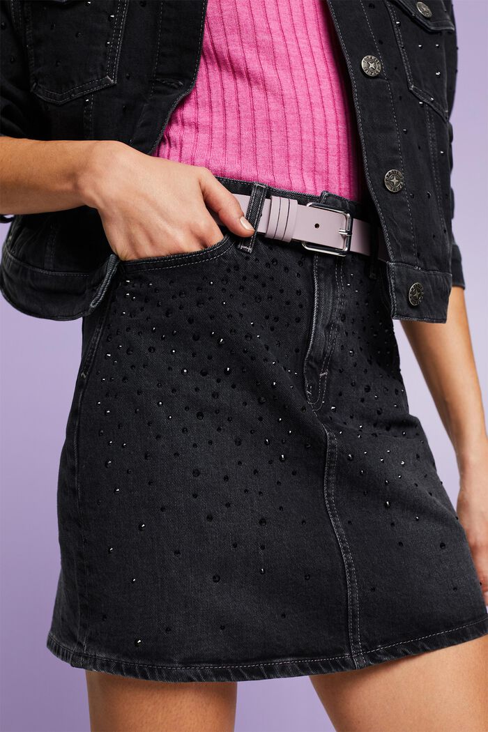 Mini-jupe en jean ornée de strass, BLACK DARK WASHED, detail image number 0