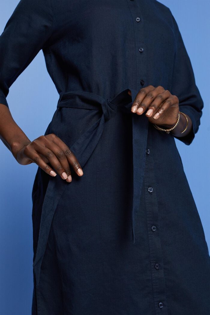 Robe-chemise à ceinture en mélange de lin et de coton, NAVY, detail image number 2