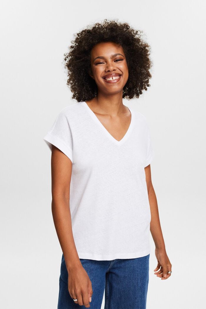 T-shirt à encolure en V en mélange de lin et coton, WHITE, detail image number 0