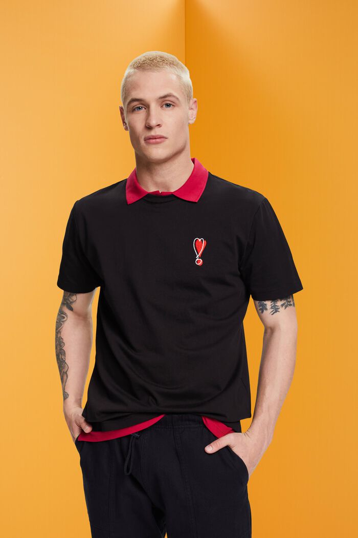 T-shirt en coton durable à motif cœur, BLACK, detail image number 0