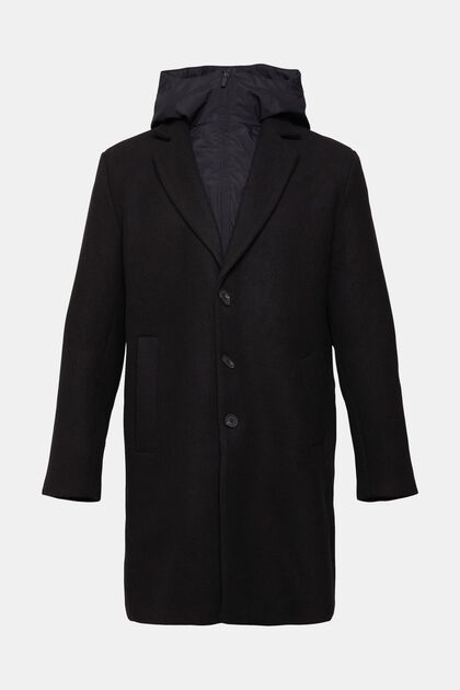 Manteau en laine mélangée à capuche amovible, BLACK, overview