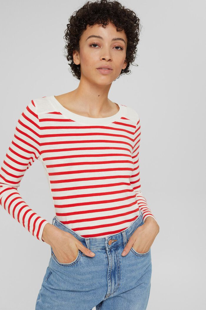 T-shirt rayé à manches longues en coton, ORANGE RED, overview
