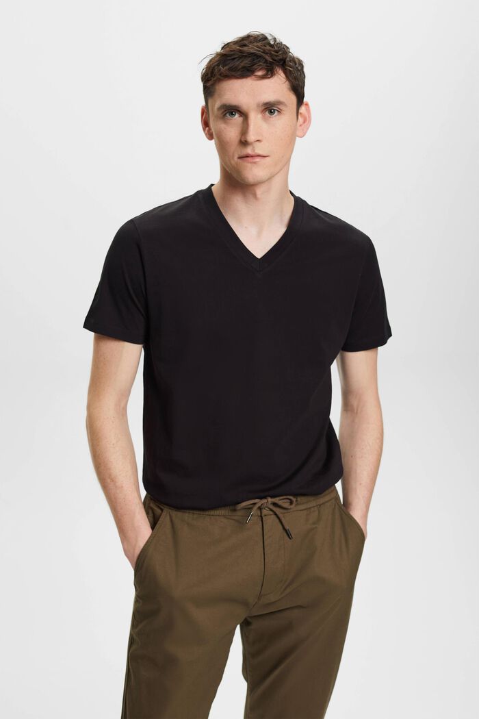 T-shirt en coton à encolure en V de coupe Slim Fit, BLACK, detail image number 0