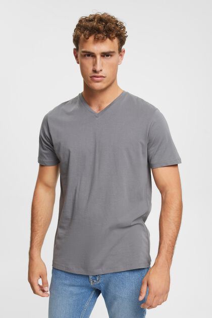 T-shirt à encolure en V en coton durable, DARK GREY, overview