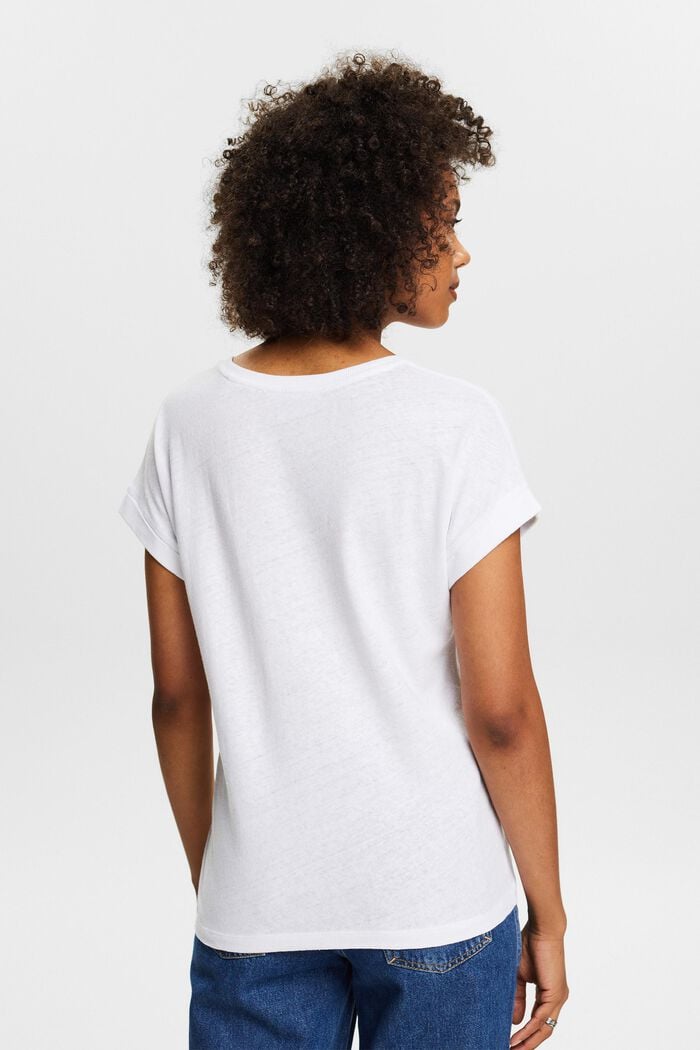 T-shirt à encolure en V en mélange de lin et coton, WHITE, detail image number 2