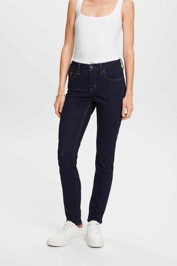 En matière recyclée : jean stretch de coupe Slim Fit à taille mi-haute, BLUE RINSE, detail image number 0