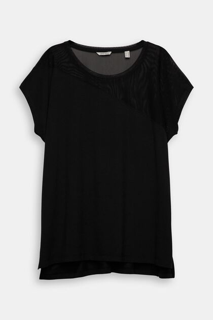T-shirt CURVY à empiècement en mesh, BLACK, overview