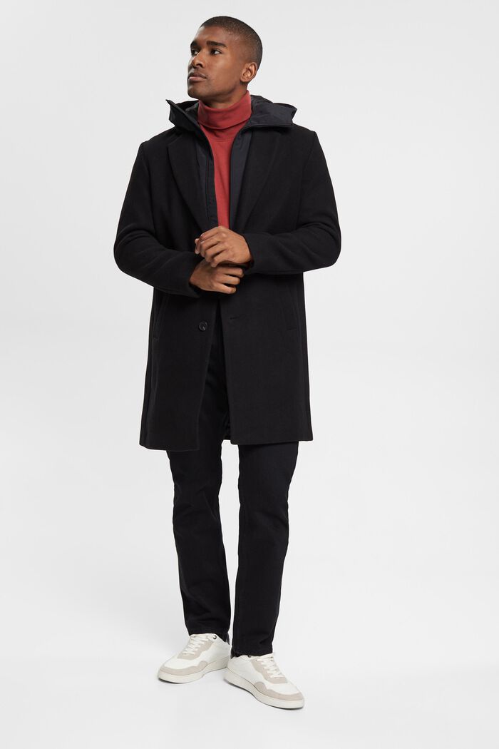 Manteau en laine mélangée à capuche amovible, BLACK, detail image number 0