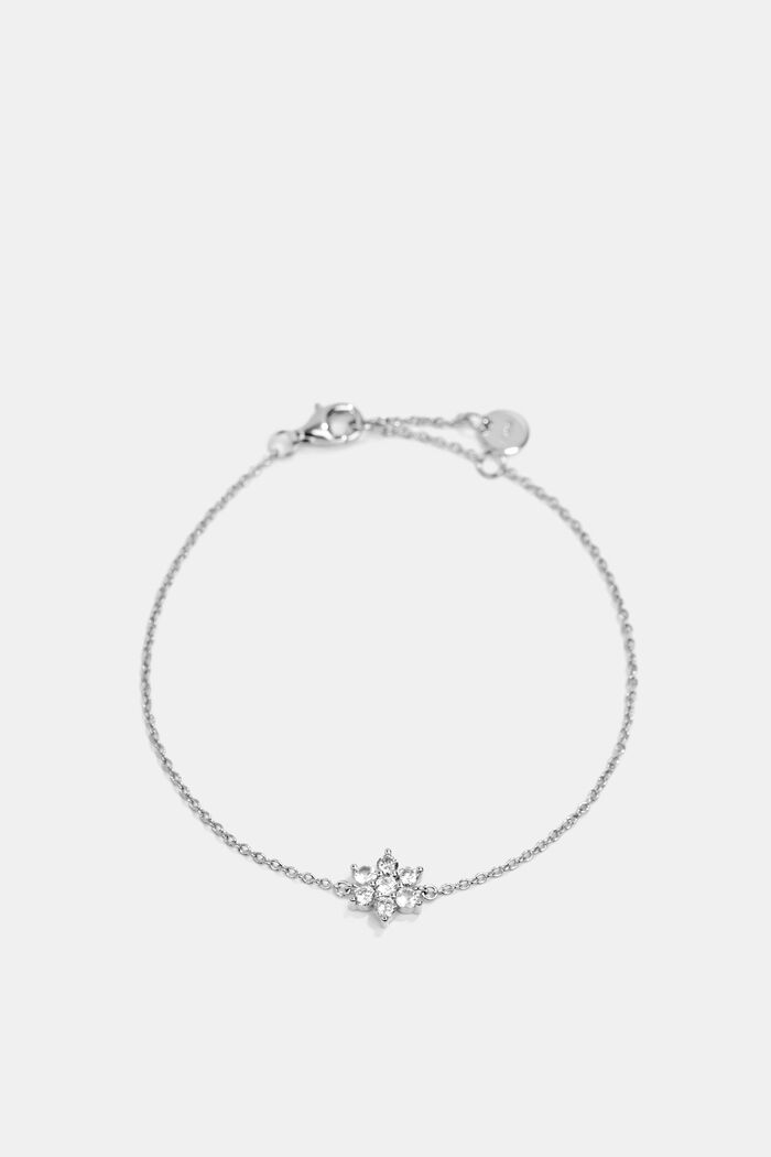 Bracelet orné d’une fleur pavée de pierres de zircon, argent sterling, SILVER, detail image number 2