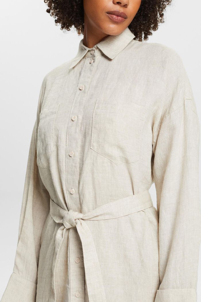 Robe-chemise longueur midi ceinturée en lin, BEIGE, detail image number 3