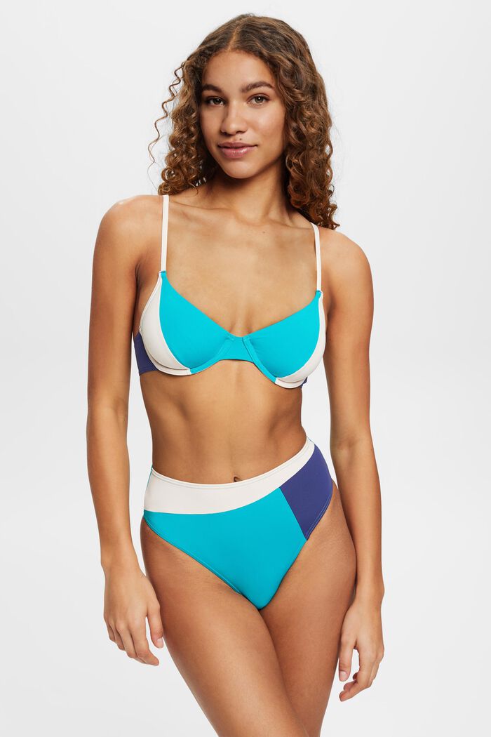 Bas de bikini taille haute au design colour blocking, TEAL GREEN, detail image number 0