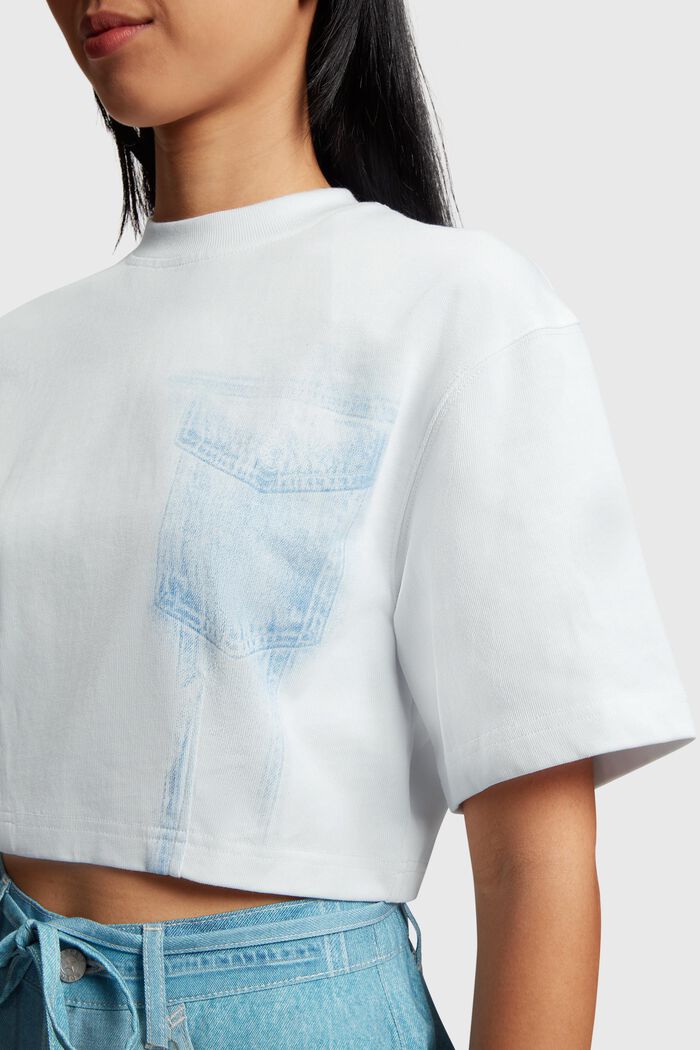 T-shirt de coupe raccourcie à imprimé indigo Denim Not Denim, WHITE, detail image number 1