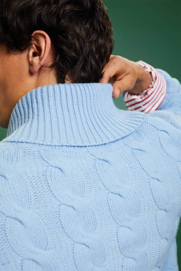 Pull à col châle en laine à maille torsadée, LIGHT BLUE LAVENDER, detail image number 3