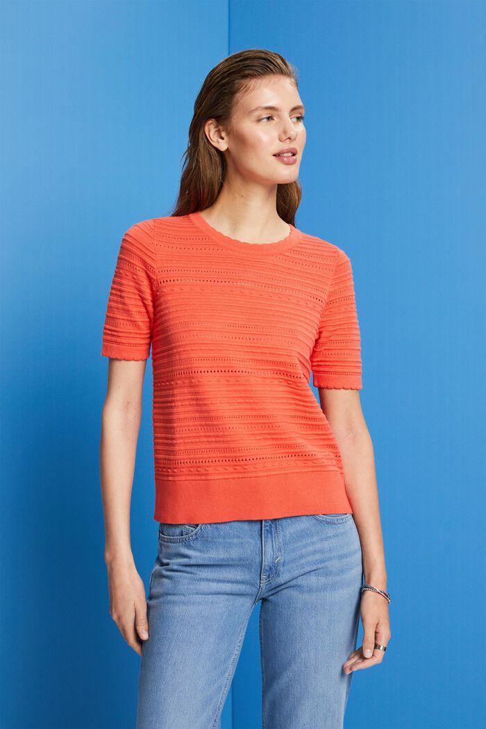 Pull-over à manches courtes, 100 % coton, CORAL ORANGE, detail image number 0