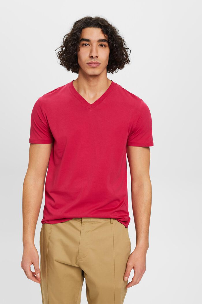 T-shirt en coton à encolure en V de coupe Slim Fit, DARK PINK, detail image number 0