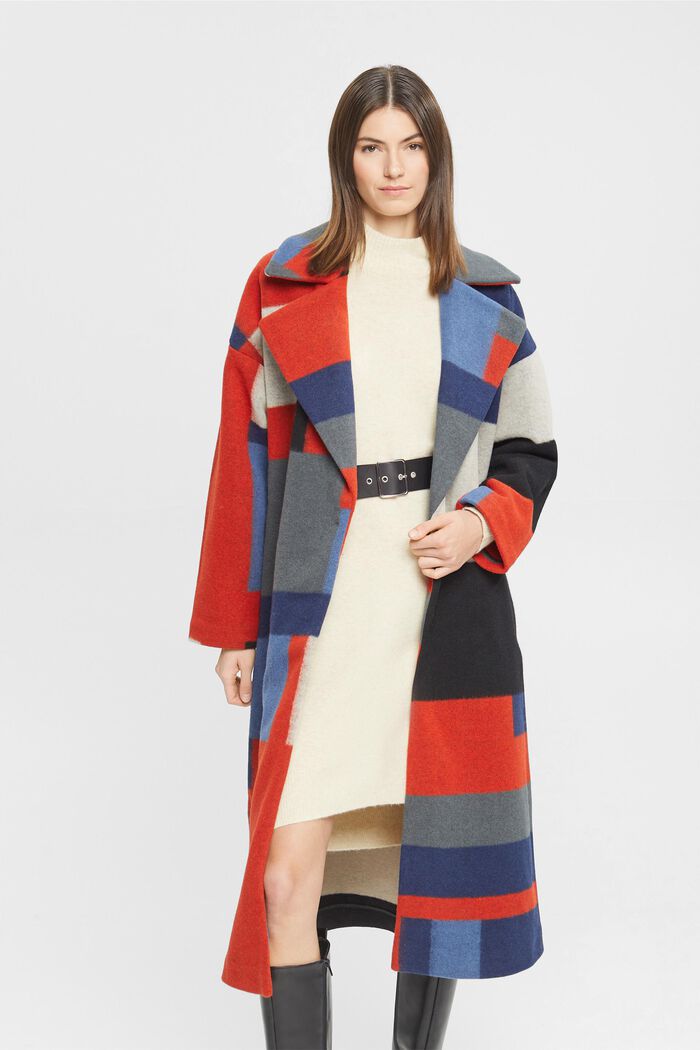 Manteau en laine mélangée animé d’un motif colour blocking, RED, detail image number 0