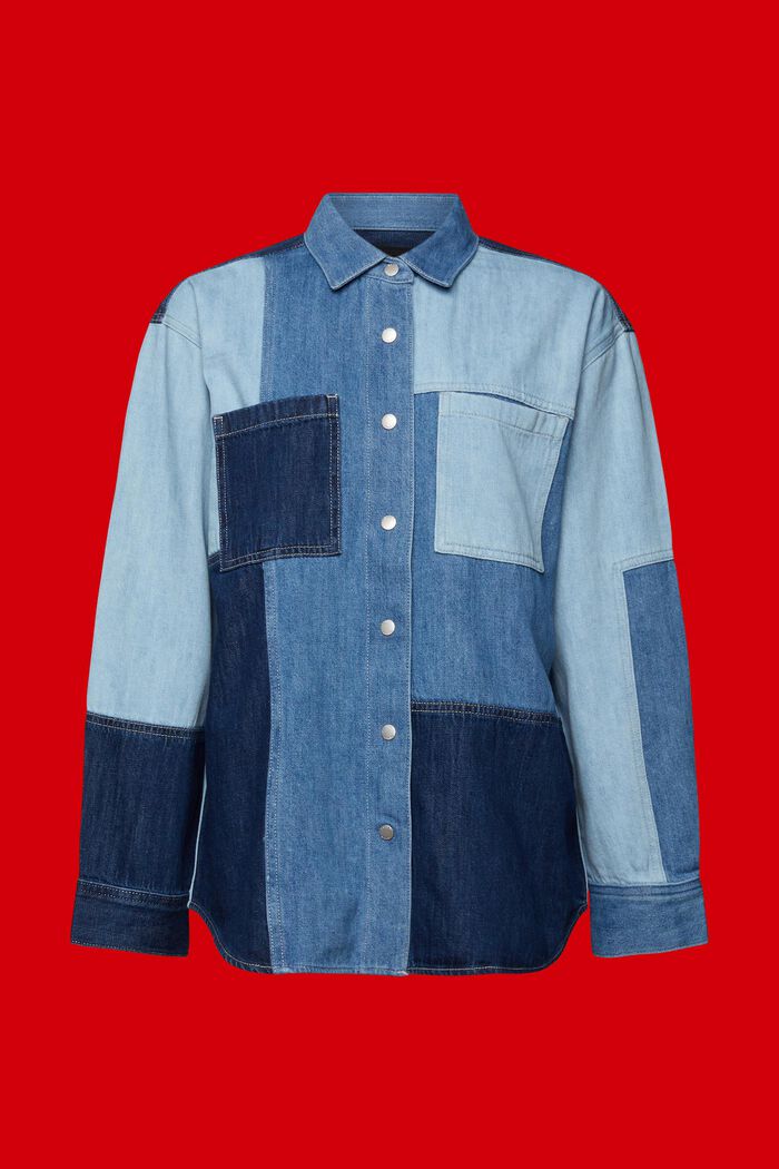 Chemise en jean à motif patchwork, coton mélangé, BLUE LIGHT WASHED, detail image number 6