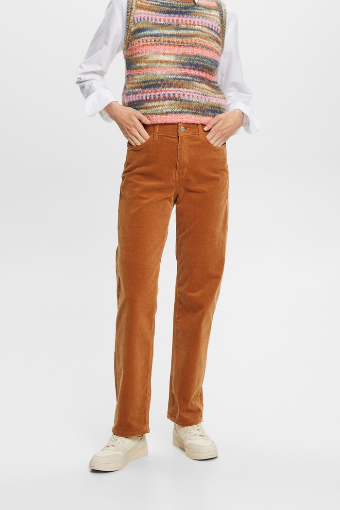 Pantalon en velours côtelé coupe Straight Fit taille haute, CARAMEL, detail image number 0