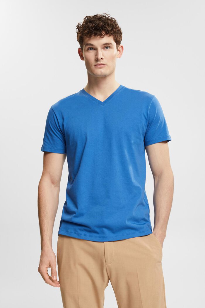 T-shirt en jersey à encolure en V, BLUE, overview