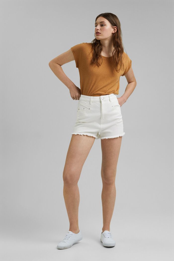 Short en jean taille haute animé d´effets usés, WHITE, detail image number 0