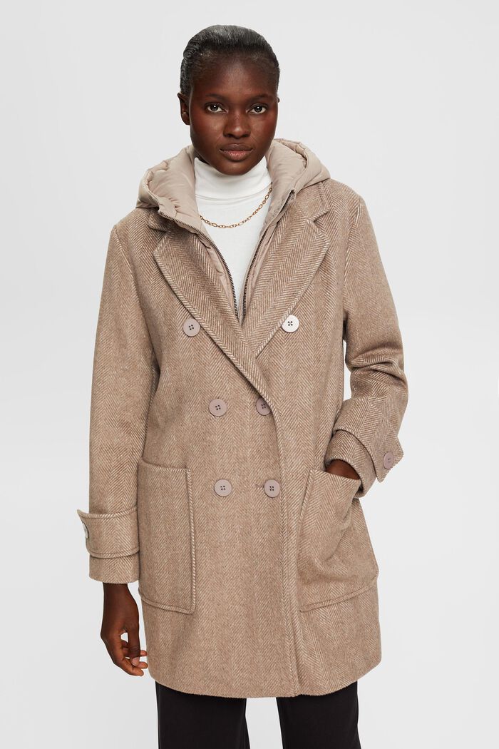 Manteau en laine mélangée à capuche amovible, LIGHT TAUPE, detail image number 0