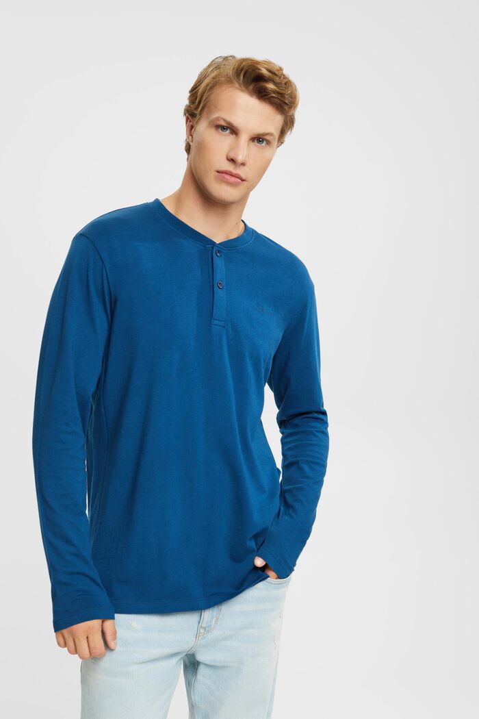 T-shirt col tunisien à manches longues, PETROL BLUE, detail image number 1