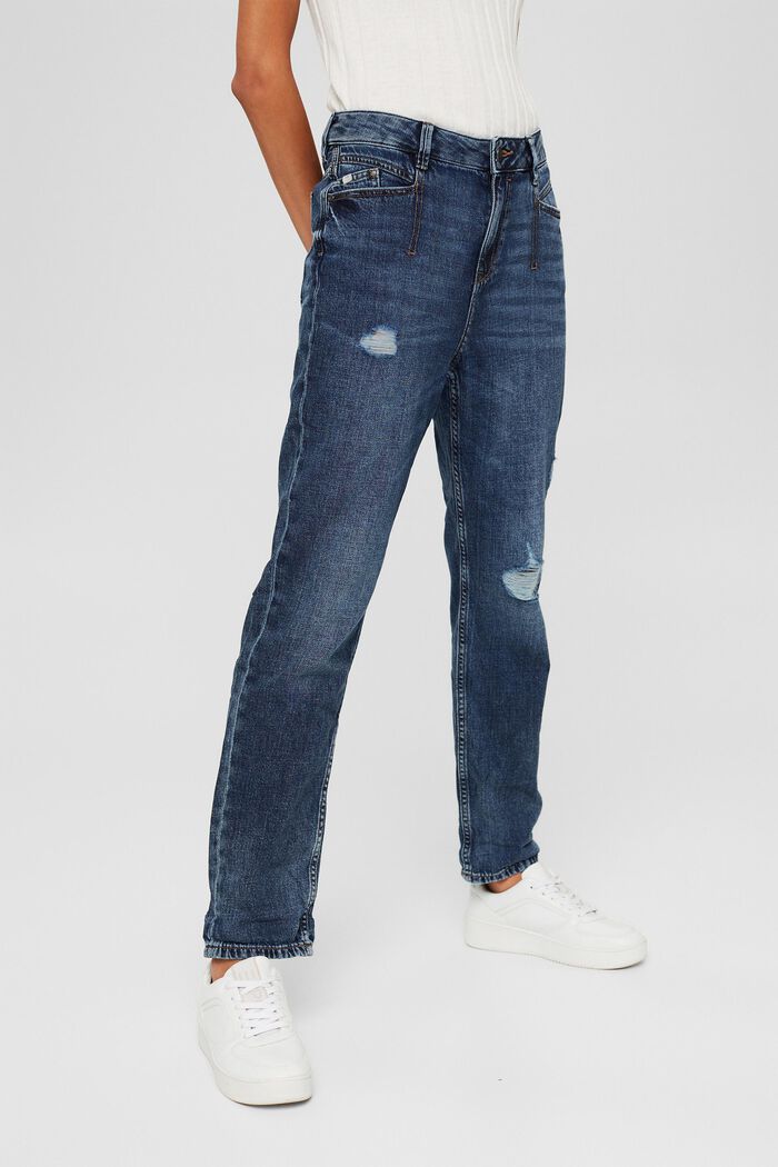 En coton biologique et chanvre : le jean boyfriend d’aspect usé, BLUE DARK WASHED, detail image number 0