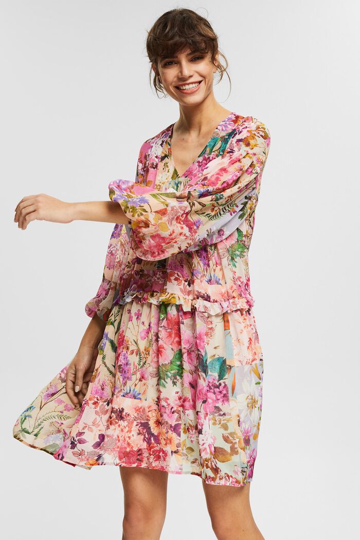 En matière recyclée : la robe en chiffon à motif floral, PINK FUCHSIA, overview