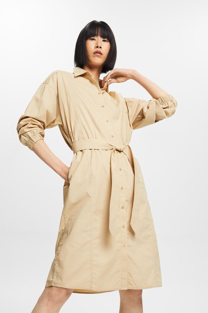 Robe-chemise en popeline de coton à taille nouée, SAND, detail image number 0