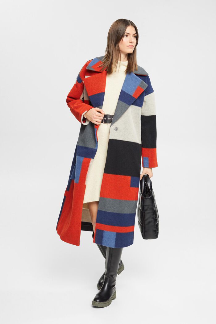 Manteau en laine mélangée animé d’un motif colour blocking, RED, detail image number 1