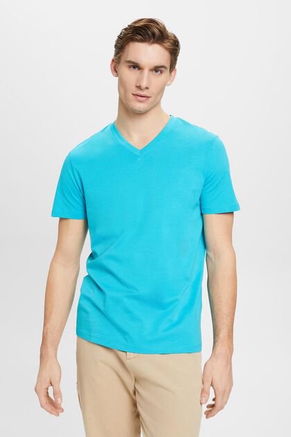 T-shirt en coton à encolure en V de coupe Slim Fit, AQUA GREEN, overview
